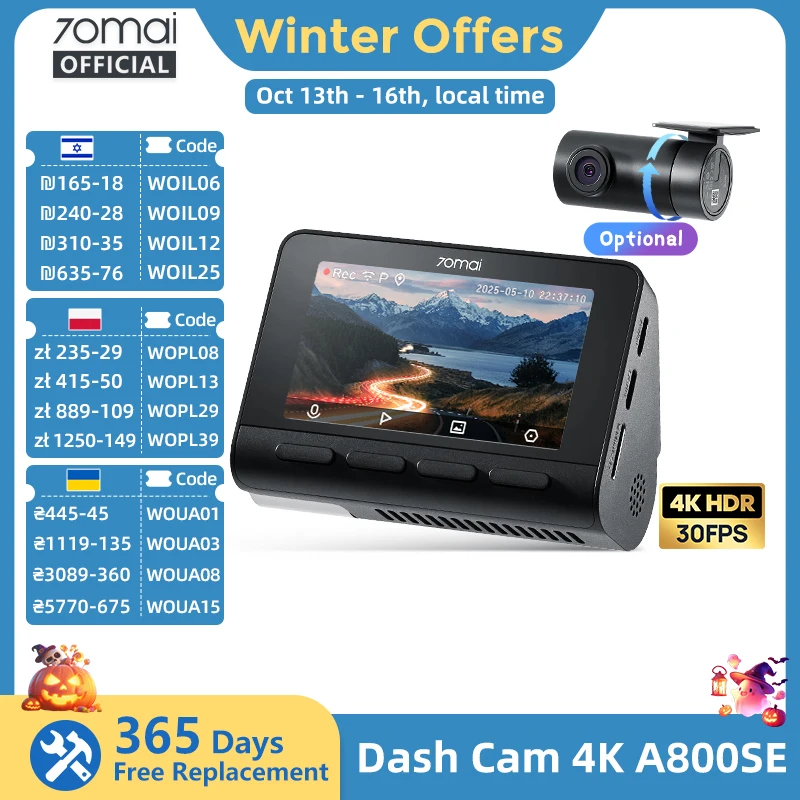70mai 4K Dash Cam A800SE Upgraded Version Supercapatior Voice Control GPS ADAS Wifi 6 Car Recorder 70mai A800SE Support 4G LTE