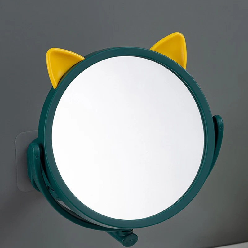 No Drill Wall Mounted Makeup Mirror Cat's Ear Mirror Cartoon Bunny Gift Mirror No Drill Single Side Round Bathroom Mirror