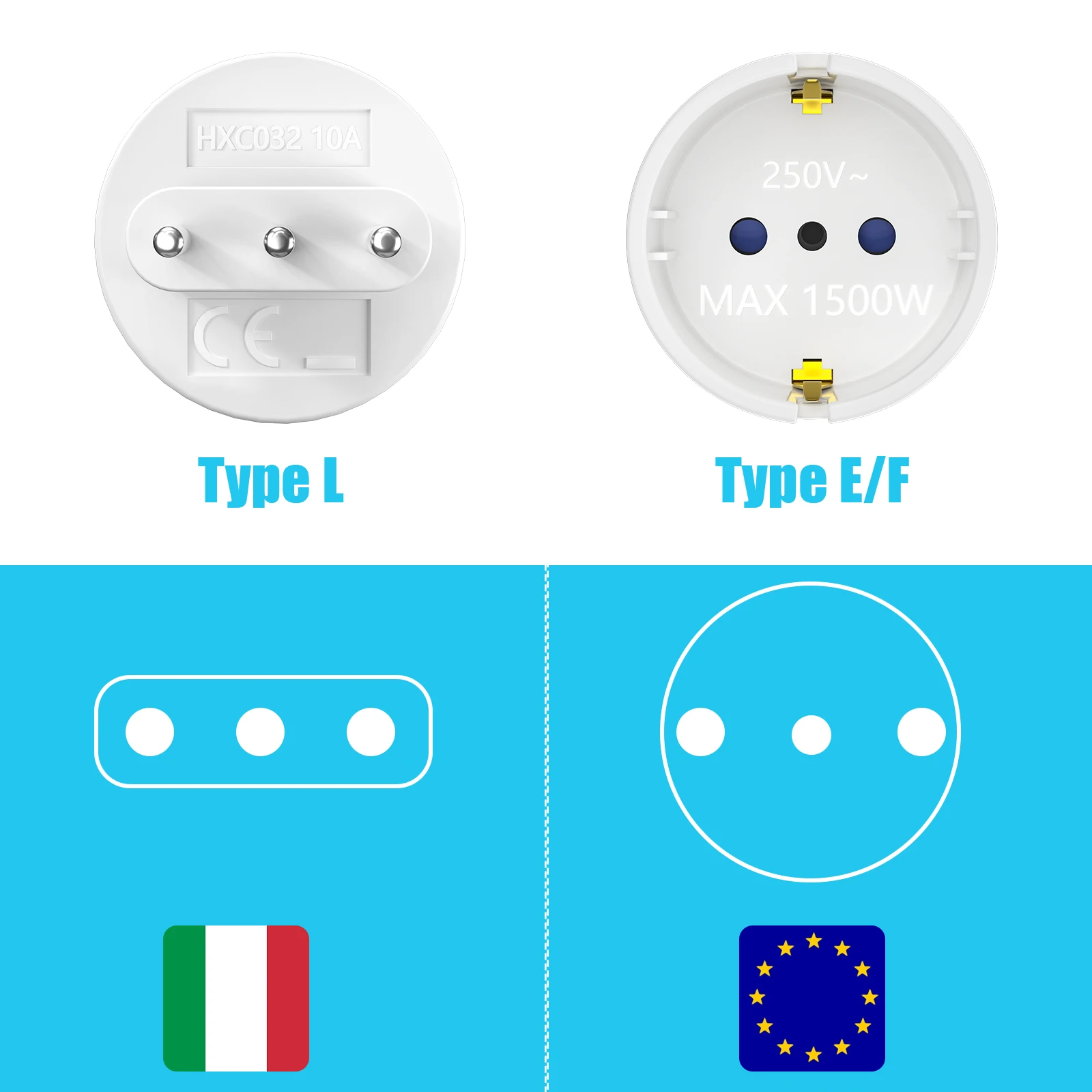 Europe to Italy Travel Plug Adapter 10A 250V 1500W 2-pin to 3-pin Power Plug Adapter for Switzerland Uruguay Chile Socket 3pcs