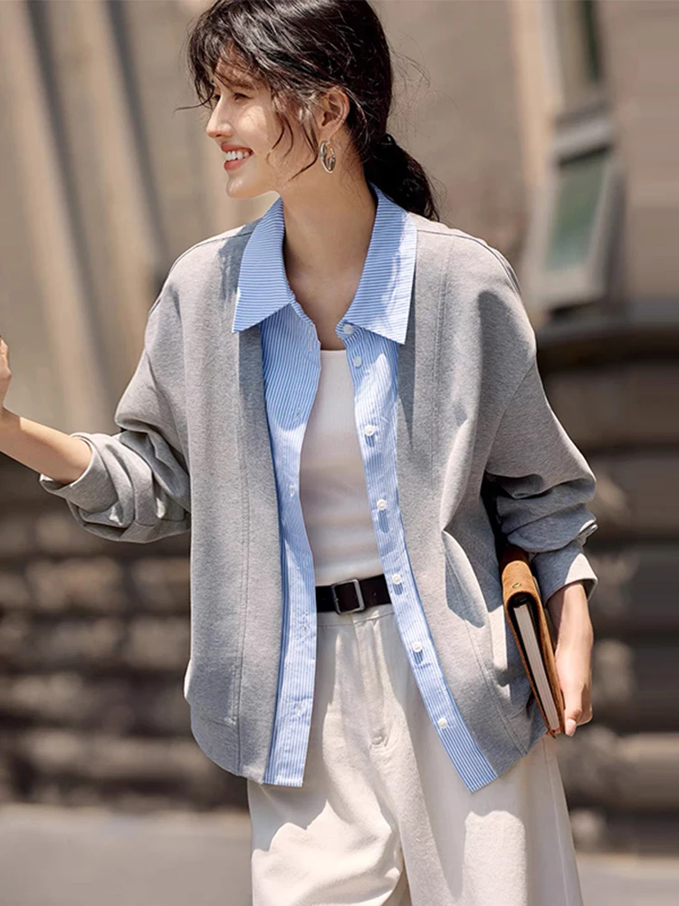 한국 슬레 스플라이스 니트 스웨터 여성용 가을 신상 고급 감각 안티에이징 오픈 가디건 다용도 여성 상의