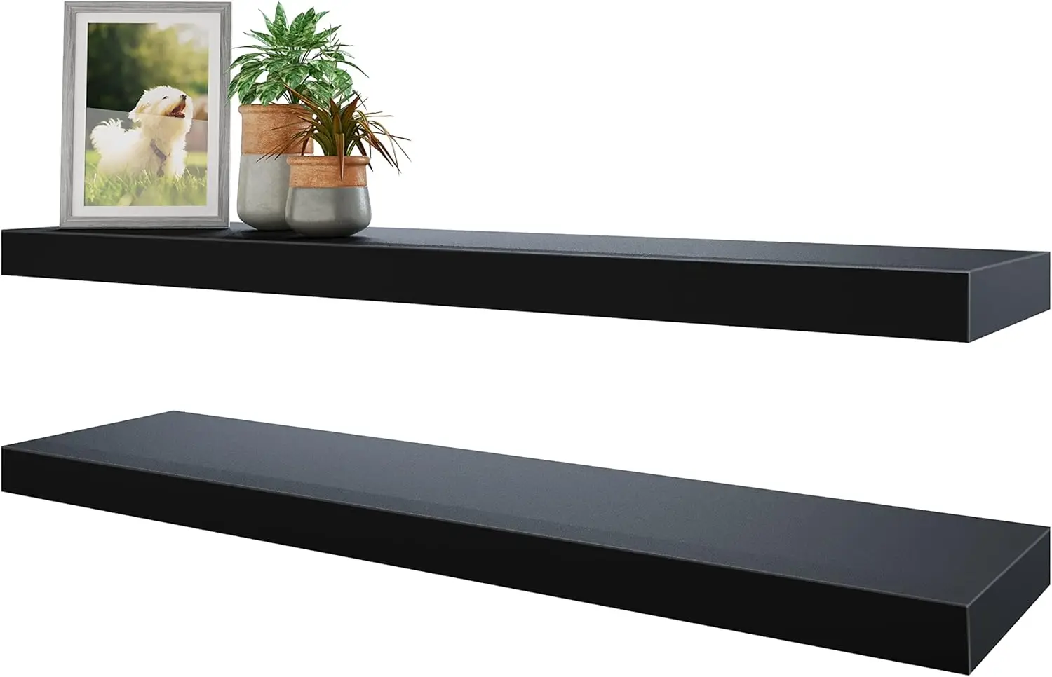 

Black Wall Mounted Wooden Floating Shelves Set of 2, 31W x 8D Invisible Bracket Hanging Shelves for Bedroom Bathroom Living