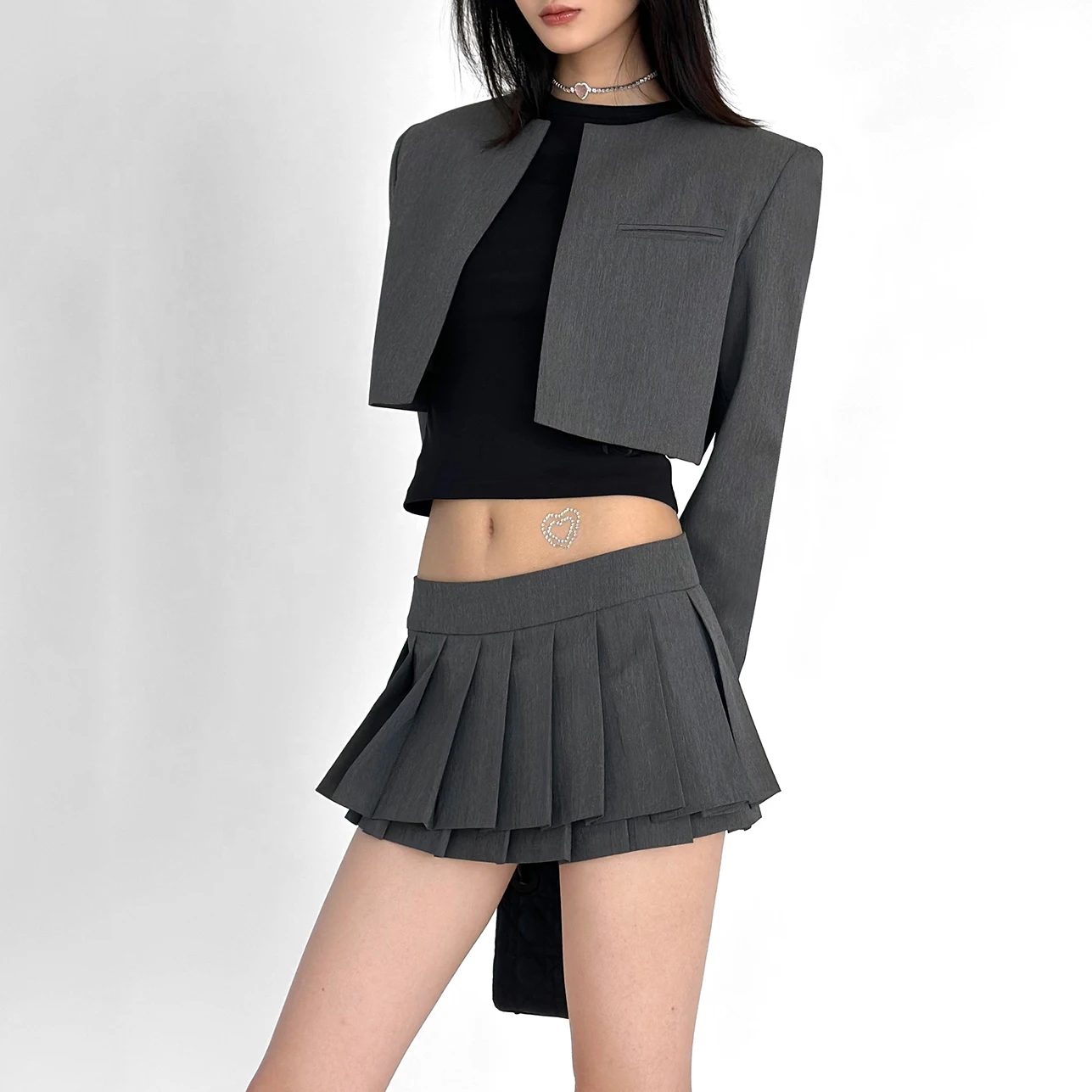 Fashion sexy double pleated skirt low waist hot girl wind y2k gray a word super short skirt 2023 summer new