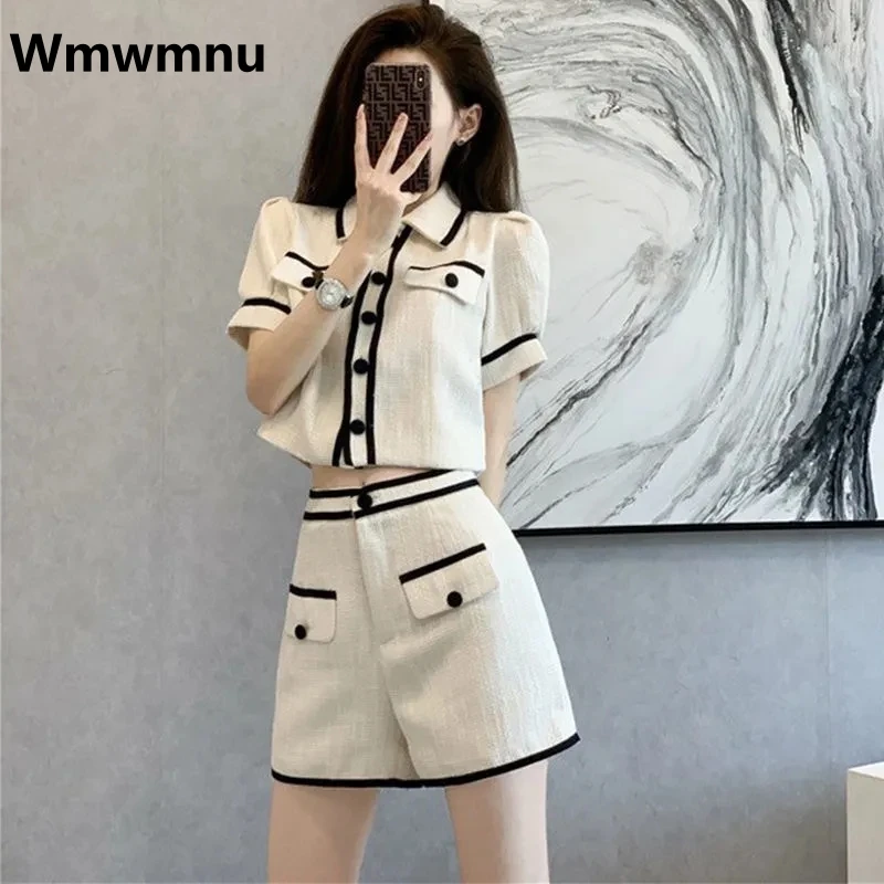 Korean Fashion Summer Knitted 2 Piece Sets Women Shorts Outfits Casual Cropped Tops Tracksuit Elegant Women Pants Conjuntos