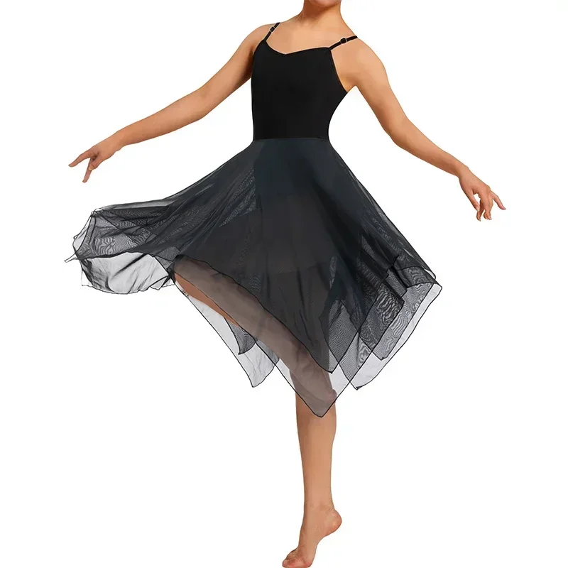 Costume da ballo per abito lirico moderno da donna, canotta asimmetrica alta-bassa senza maniche, gonna in rete per spettacoli di danza per adulti
