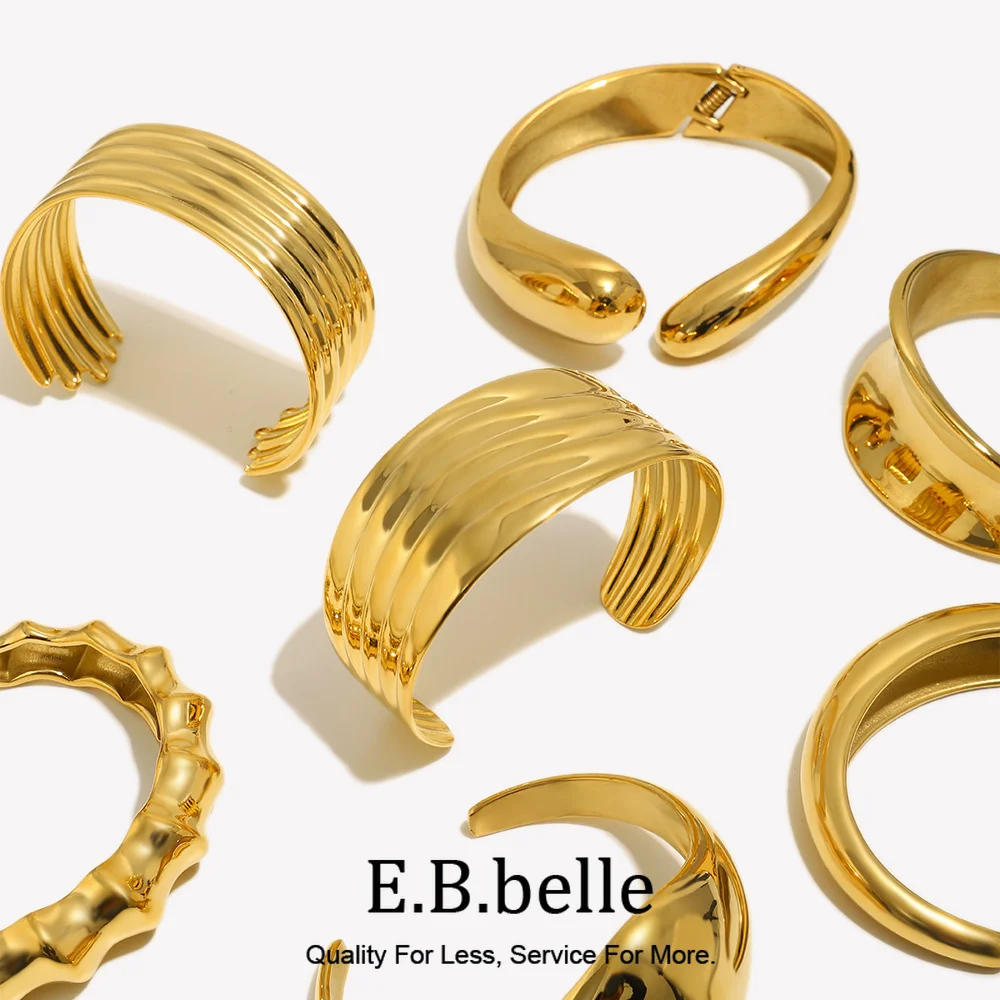 E.B.belle Spiral Bamboo Knot Smooth Concave Geometric Exaggerated Multi layered 18K Gold Plated Jewelry316L Stainless Steel