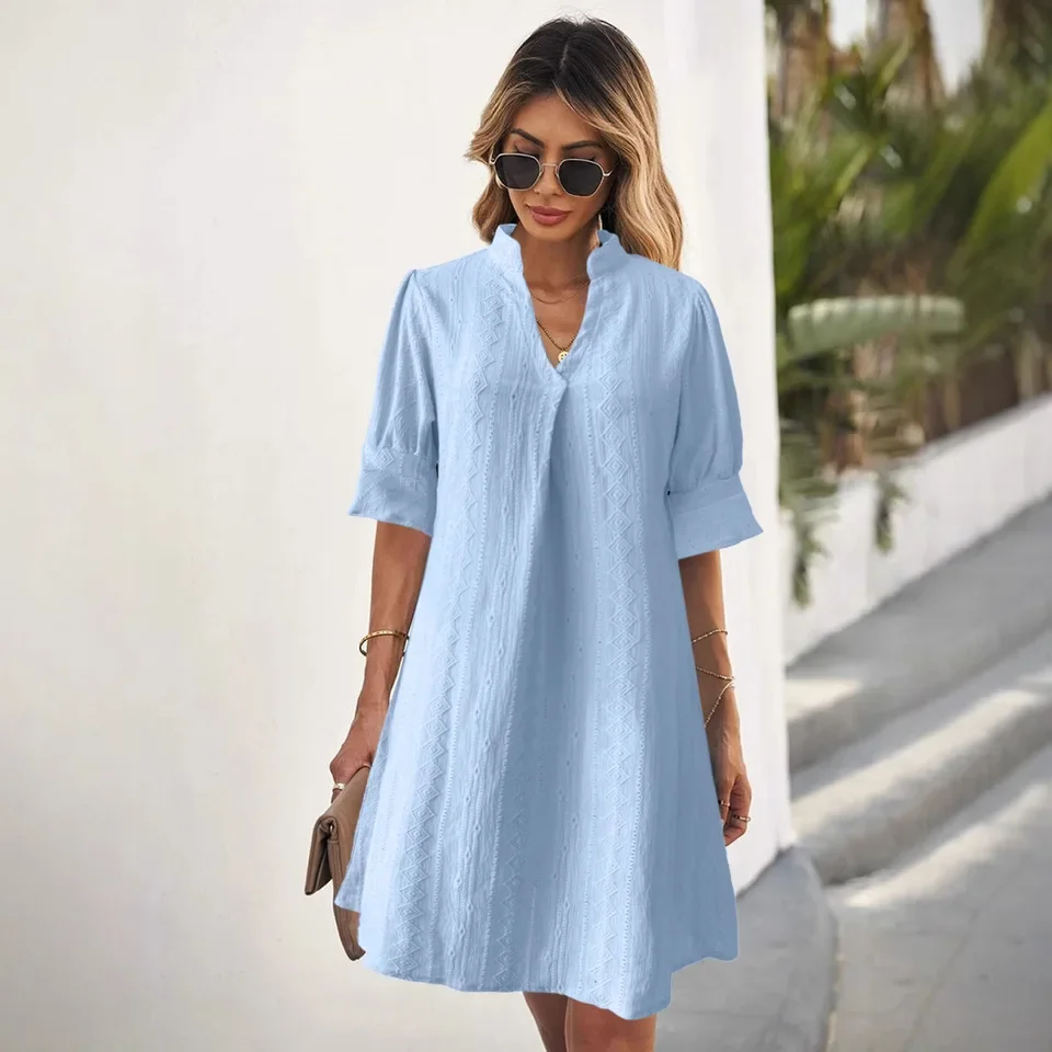 Women Embroidered Solid Color Jacquard Ruffle Sleeves V-Neck Summer A-Line Elegant Knee-Length Dress Vacation Sundress