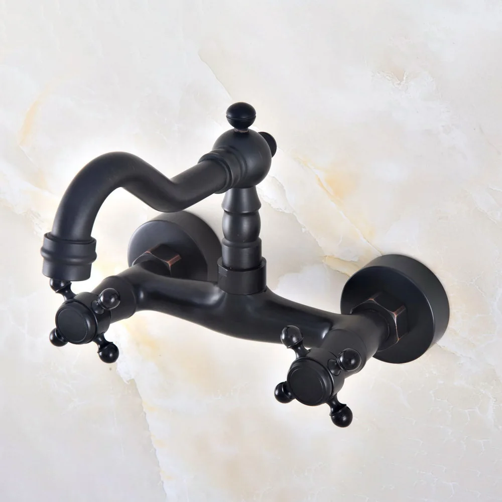 

Basin Faucets Oil Rubbed Bronze Wall Mounted Kitchen Bathroom Sink Faucet Dual Handle Swivel Spout Hot Cold Water Tap tnf812