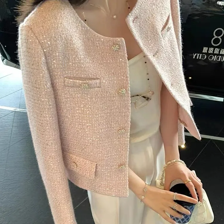 Korean Style Short Outerwear Women's Pink Sequin Jacket Spring Autumn New Chic Top High Quality Lightweight Elegant Feeling