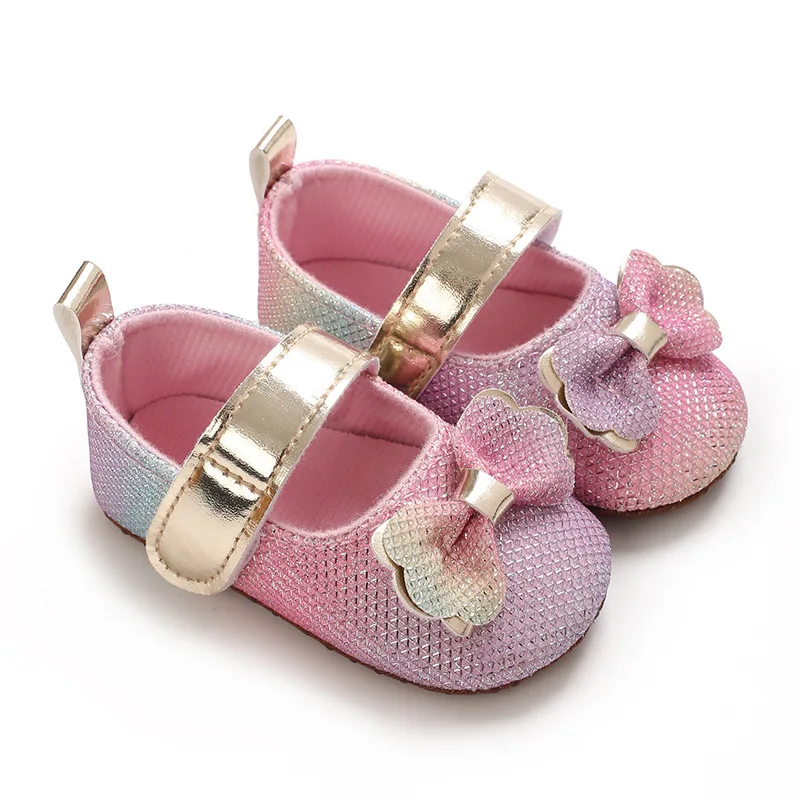 Bild 3: 2026 0-1J Baby-Schuhe mit Farbverlauf und Glitzer-Obermaterial, 3D-Schleife, für Mädchen, mit Klettverschluss/Elastikbändern, Freizeitschuhe