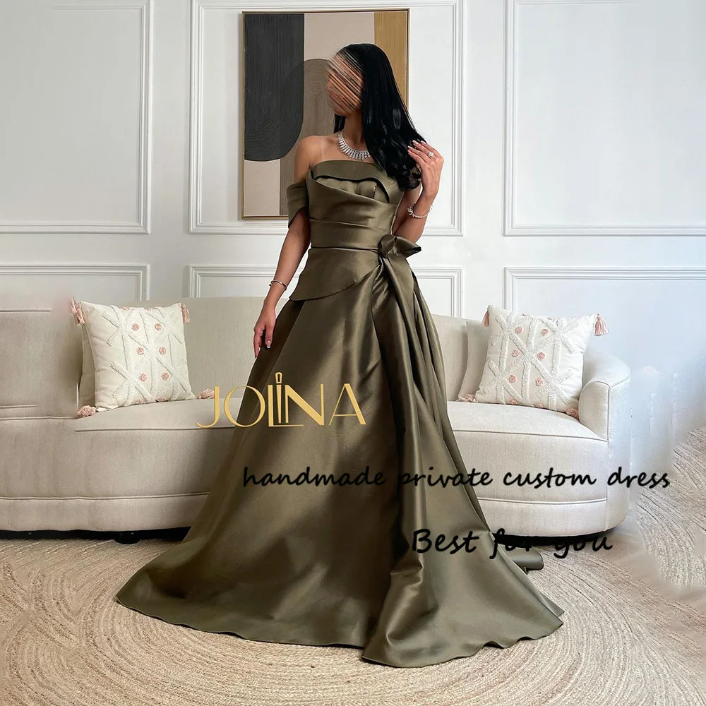 

Army Green One Shoulder Evening Dresses Pleats Satin Strapless A Line Long Formal Celebrate Dress with Train Arabic Prom Gowns