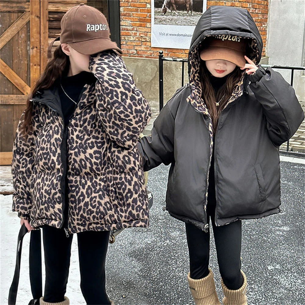 2379 Leopard Print Winter Children\'s Down Jacket Thickened Hooded Girls\' Outdoor Cotton Jacket Thousand Bird Grid Cotton Coat