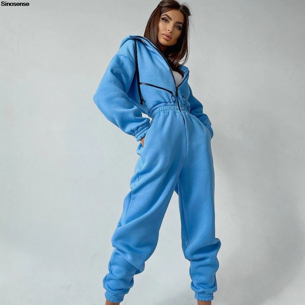 Women Autumn Winter Fleece Elastic Waist Jumpsuits Rompers Hooded Tracksuit One Piece Outfits Long Sleeve Zipper Front Sweatsuit