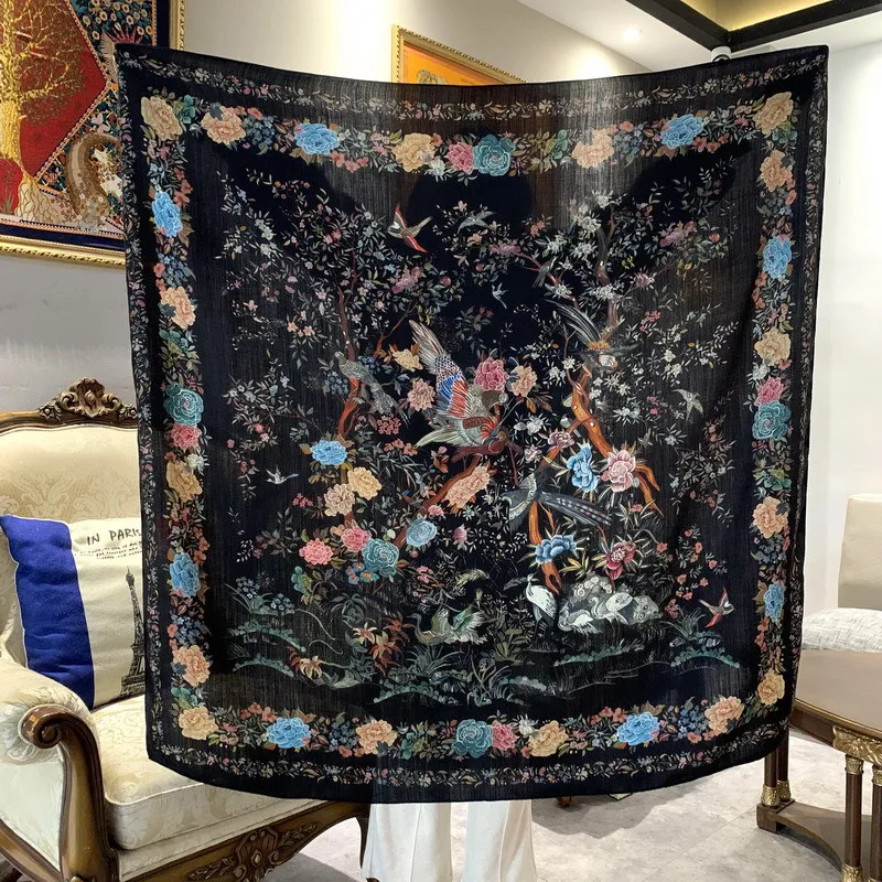 

Winter Silk Scarf Luxury Brands Square Wool Scarves Wraps Hand Rolled Foulards Femme Reversible Bandanas Hijab