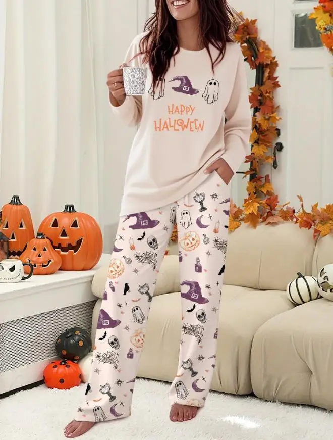 

2-Piece Printed Long Sleeved Top and Elastic Pants Casual Pajama Set