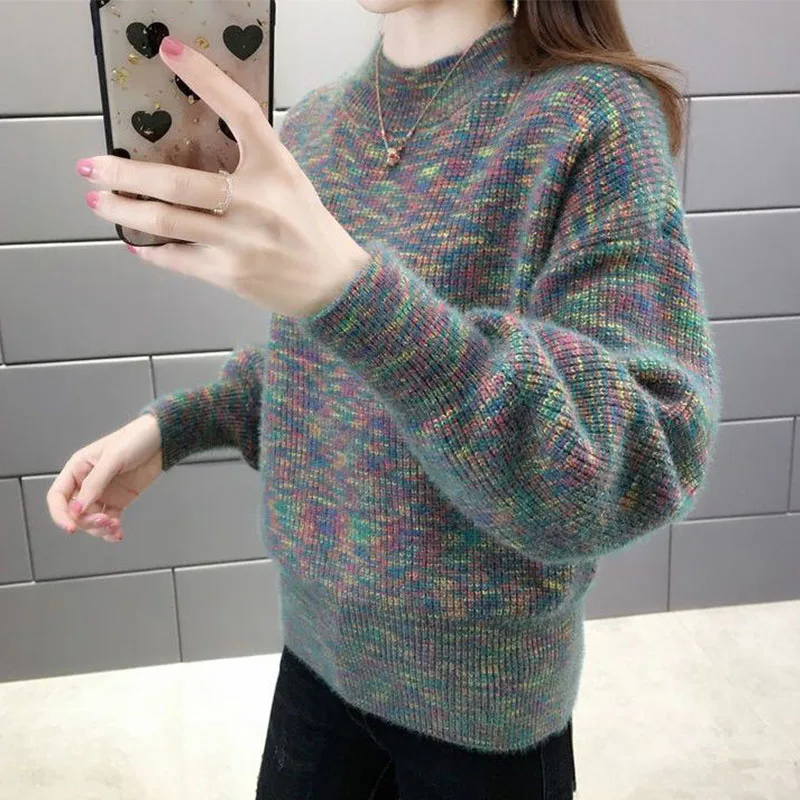 Thicken Elastic Autumn Women Half High Collar Warm Sweaters Fashion Gradient Ruffles Bottoming Loose Office Lady Knitted Tops