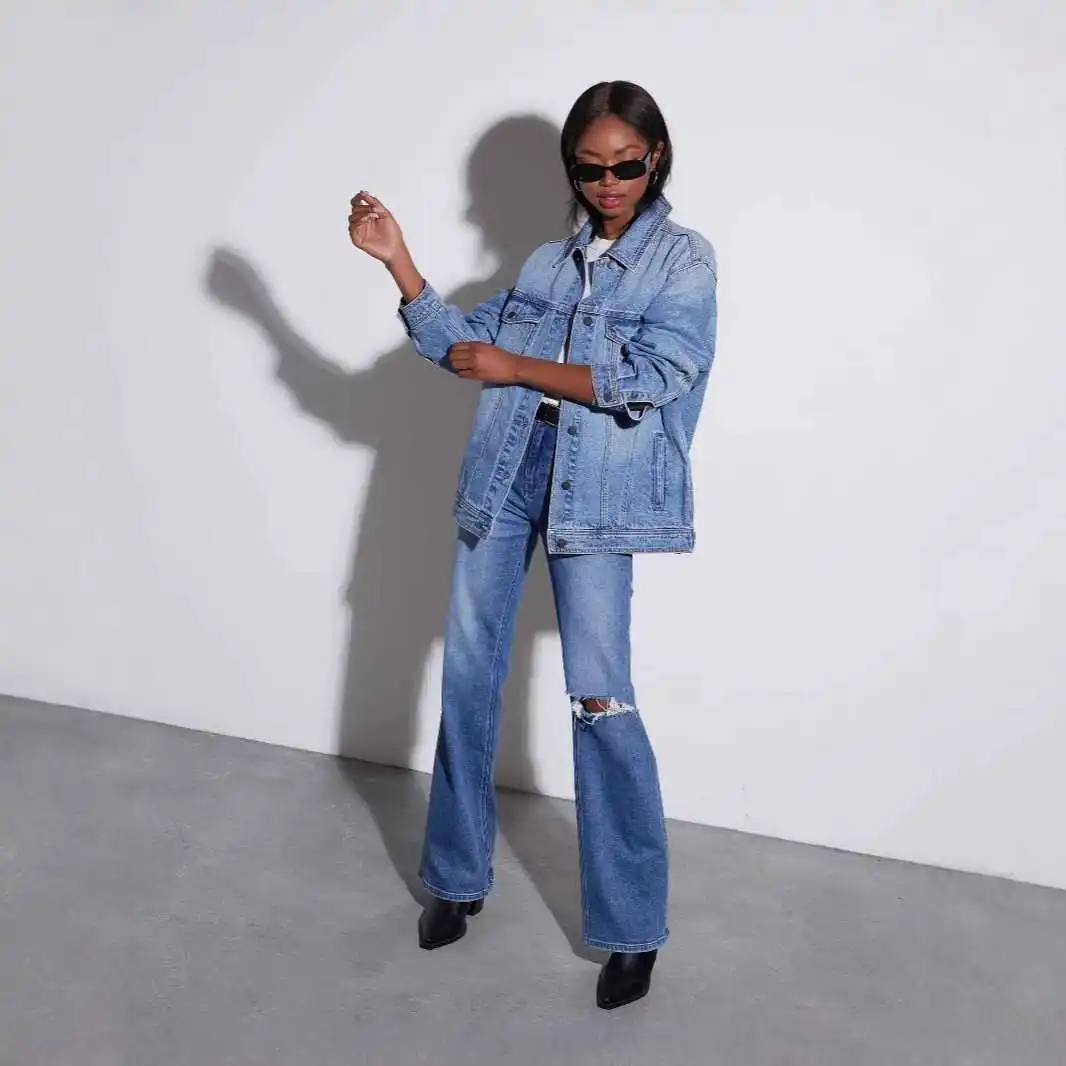 

Waed Denim Jaet Loose Casual Long Sve Jeans Jaet for Women Cross-Border Faion Cotton Blend Winter Coat