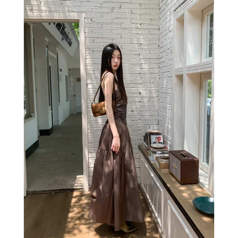 Women's Suspender Dress Brown Sling Spliced Hollow Out Design Printed Dress Slim Fitting Feminine Temperament Mid Length Skirt ﻿