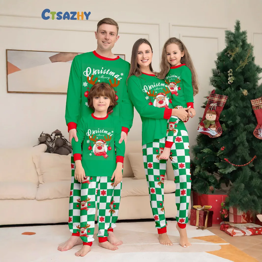 

New Year and Christmas family wear, 2025 new green checkered cotton long-sleeved pajama set for a family of four, baby jumpsuit