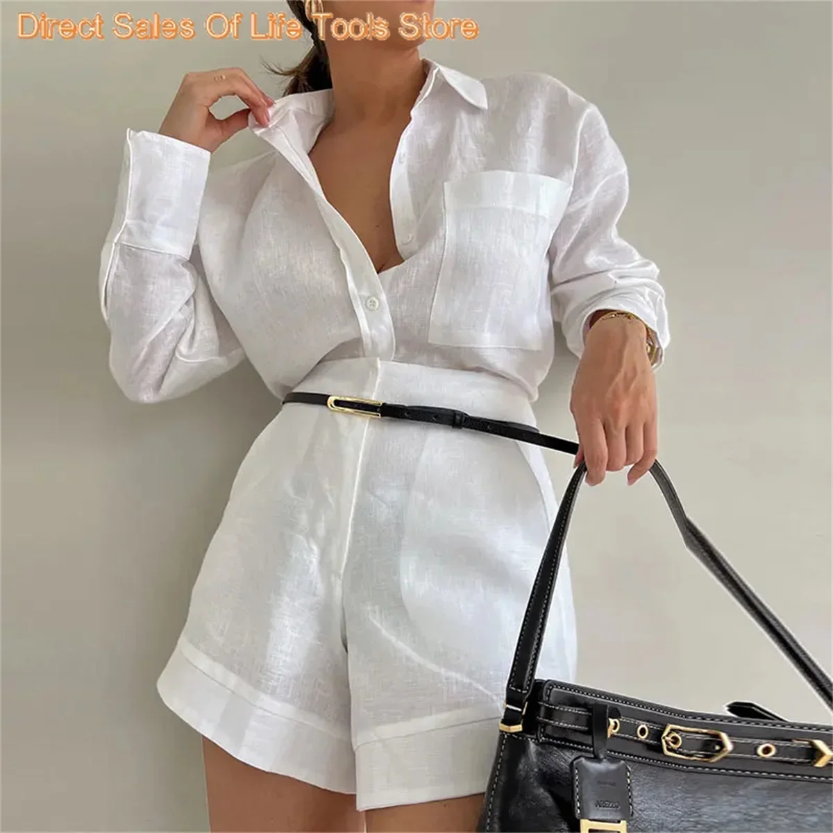 Fashion Cotton Linen Loose Short Shirts Sets Long Sleeve Lapel Blouse High Waist Casual Shorts Suit 2024 Highstreet Lady Outfits