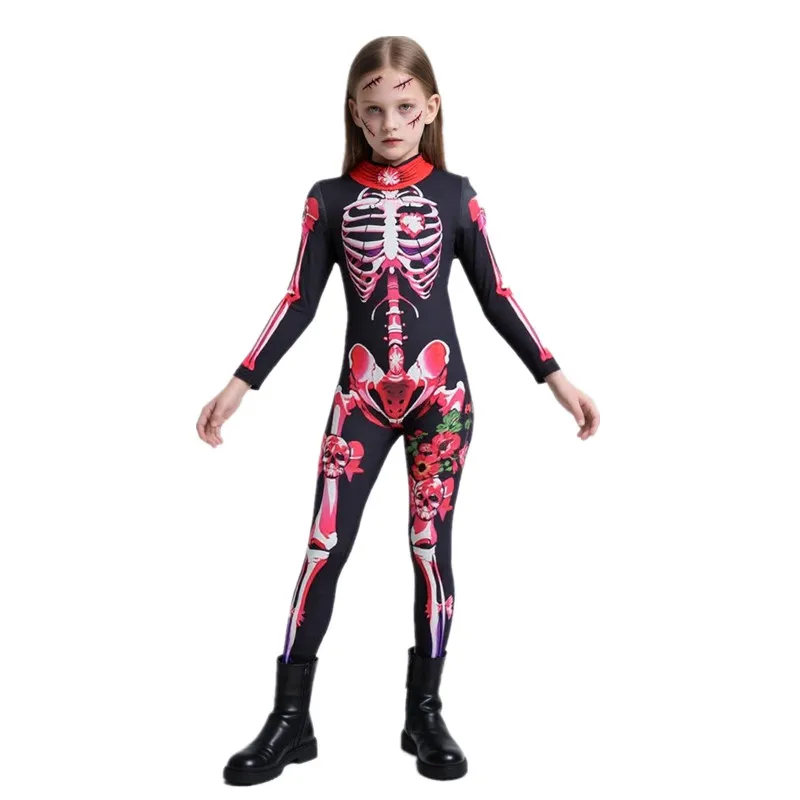 

3-12Y Skeleton Jumpsuit Ghost Bride Costume with Printed Roses Halloween Cosplay Outfit for Women Spooky Party Mardi Gras