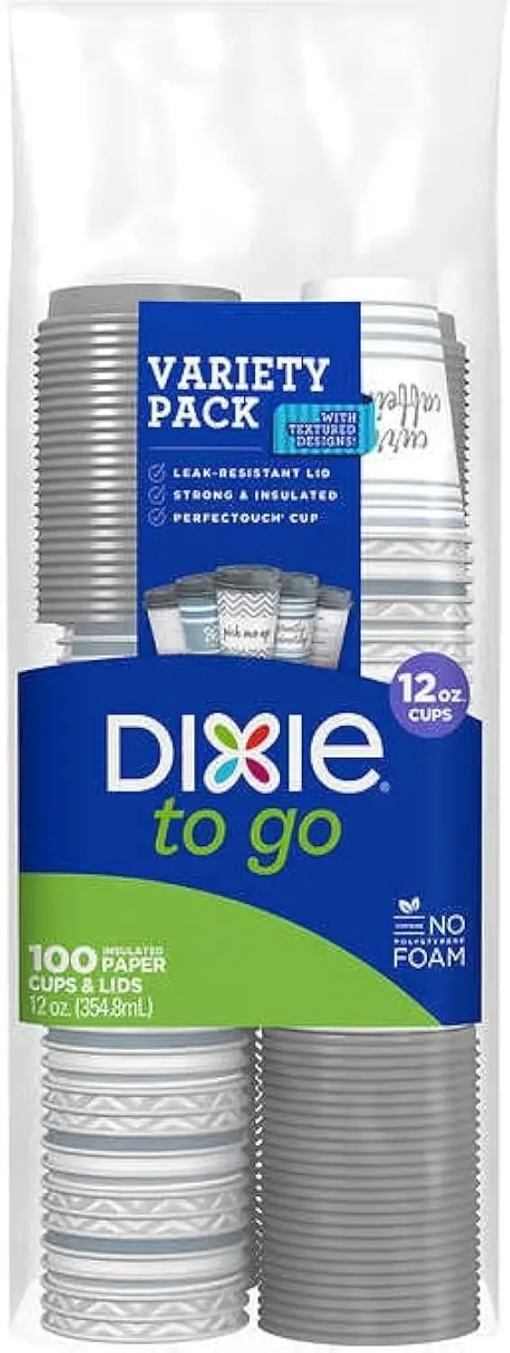 

To Go Coffee Cups and Lids, 12 Oz, 120 Count, Assorted Designs, Disposable Hot Beverage Cups & Lids