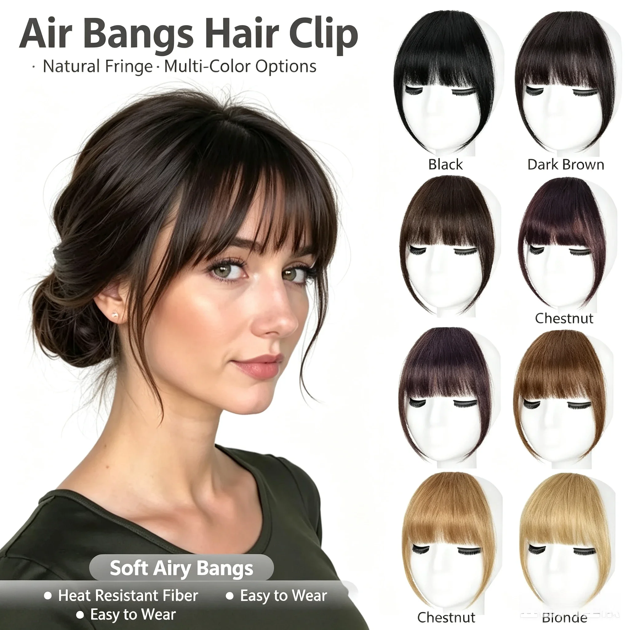 Clip-In French Wispy Human Hair Air Bangs for Women, Natural Lightweight Hair Extensions in Black Brown Burgundy Blonde, Soft Seamless Hairpieces for Daily Wear, Work, Dates, Parties & Holiday Gifting