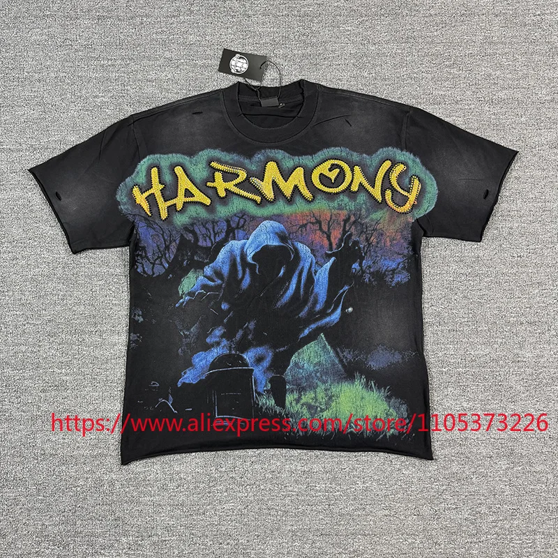 Hot New HARMONY Oversized Distressed Washed T-Shirt Grim Reaper Graphic Casual Streetwear Top