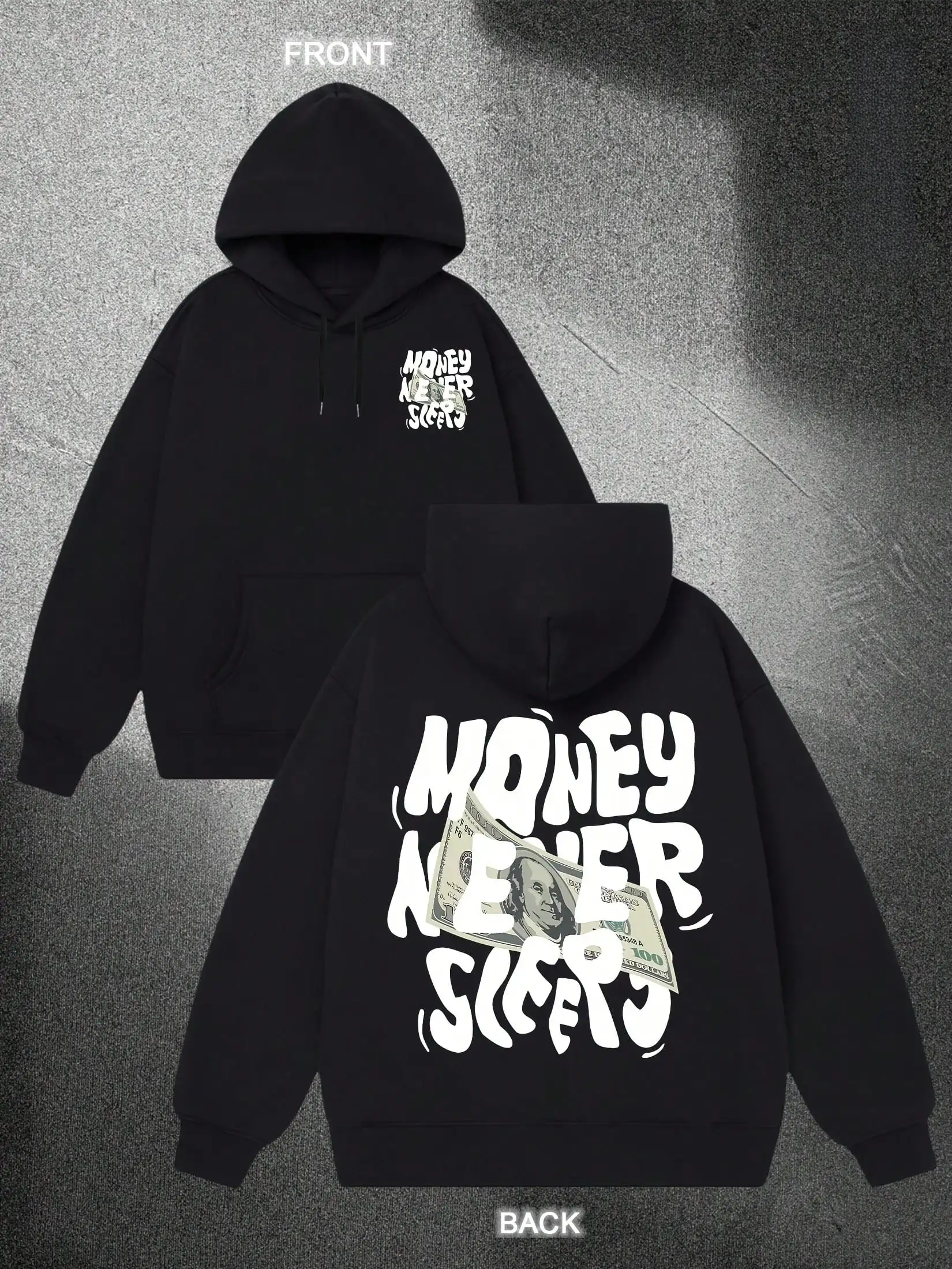 Men'S Fashion Double Sided Printed Hoodie -Money Never Sleeps Up Hoodie - Kangaroo Pocket Hoodie - Spring, Autumn, Winter Three Seasons Loose Fit Holiday Street Clothing Daily Wear Inspirational Printing, Suitable For Comfortable Experience In All Seasons