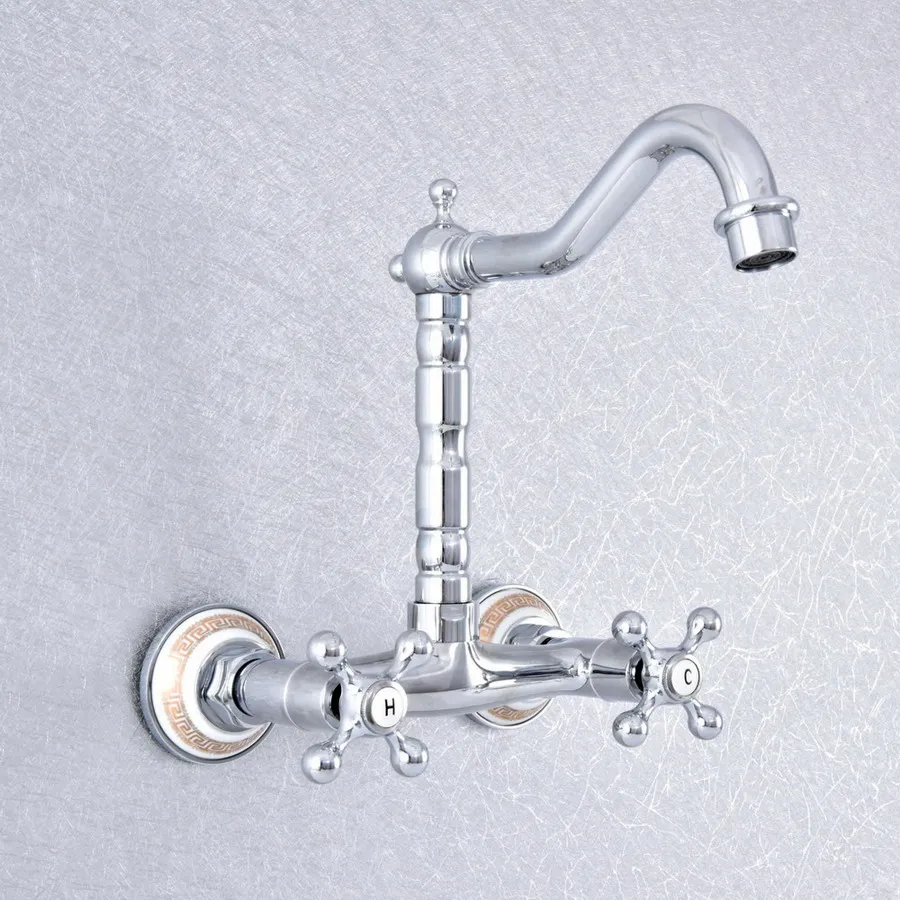 

Chrome Brass Double Handle Dual Hole Wall Mount Bathroom Basin Faucet Swivel Kitchen Sink Cold And Hot Water Mixer Tap 2sf781