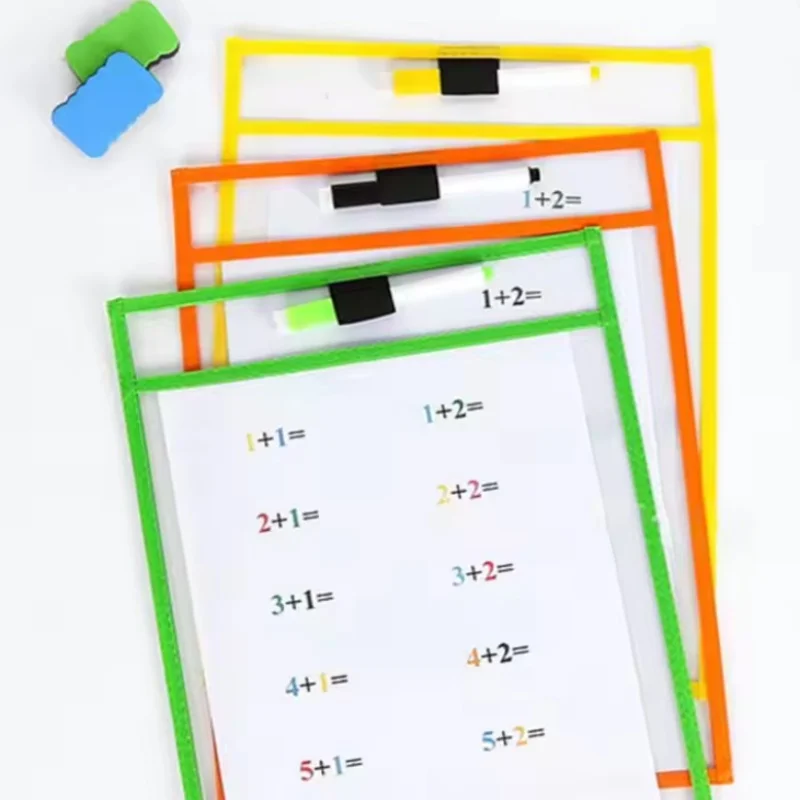10 PCS Dry Erase Pockets, Reusable Wipe‑Clear Sheet Protectors, Assorted Colors Dry Erase Sleeves for Classroom Home Office Lear