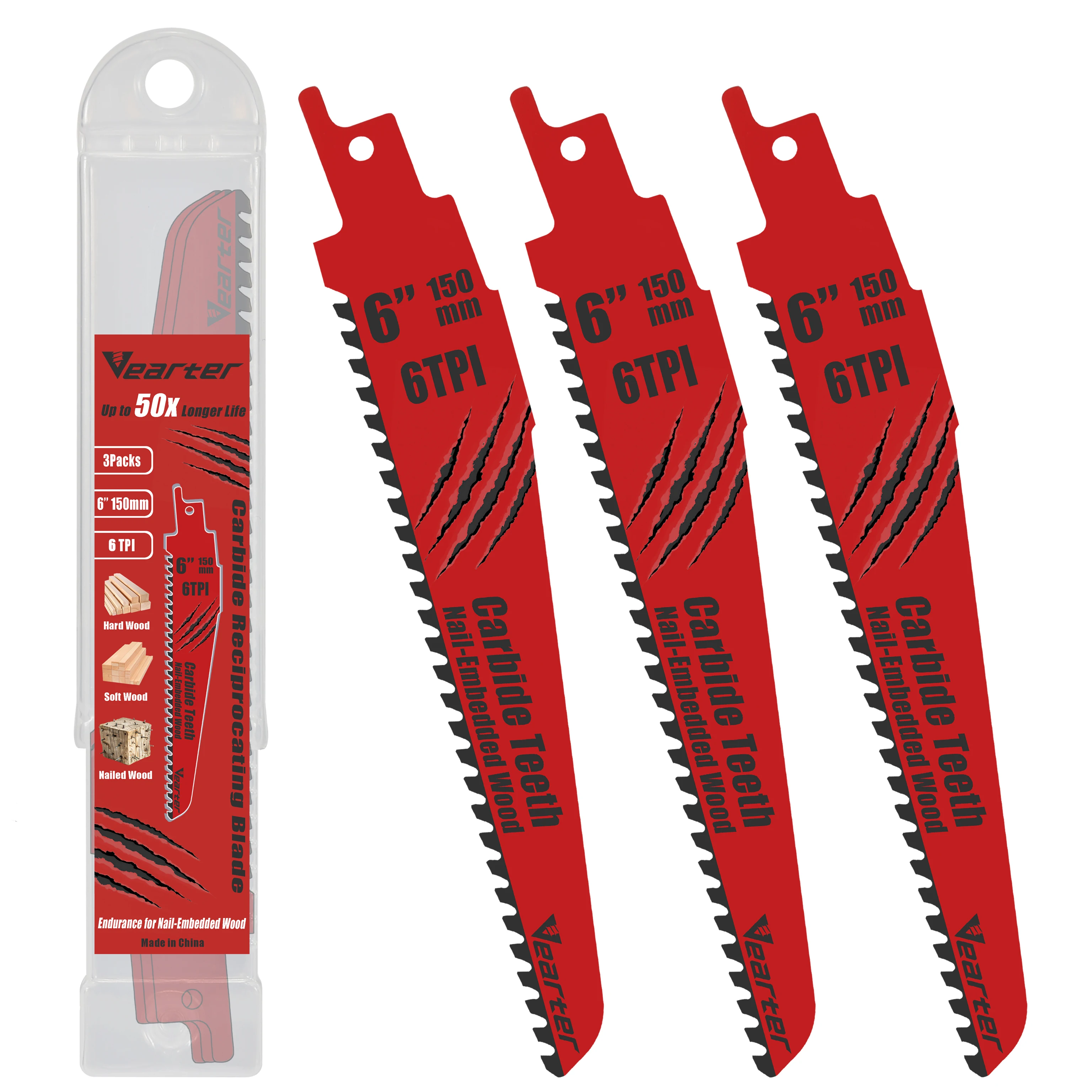 

Vearter 3PCS Carbide Reciprocating Saw Blades Endurance for Nail-Embedded Wood Cutting and Metal Demolition 150mm(6'') 6TPI