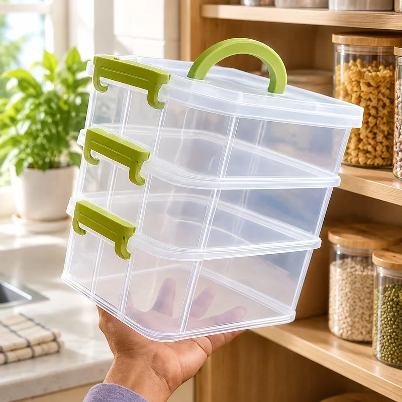 Transparent Portable Storage Box with Four Sections, Multi-Tier Drawer for Small Toys and Accessories