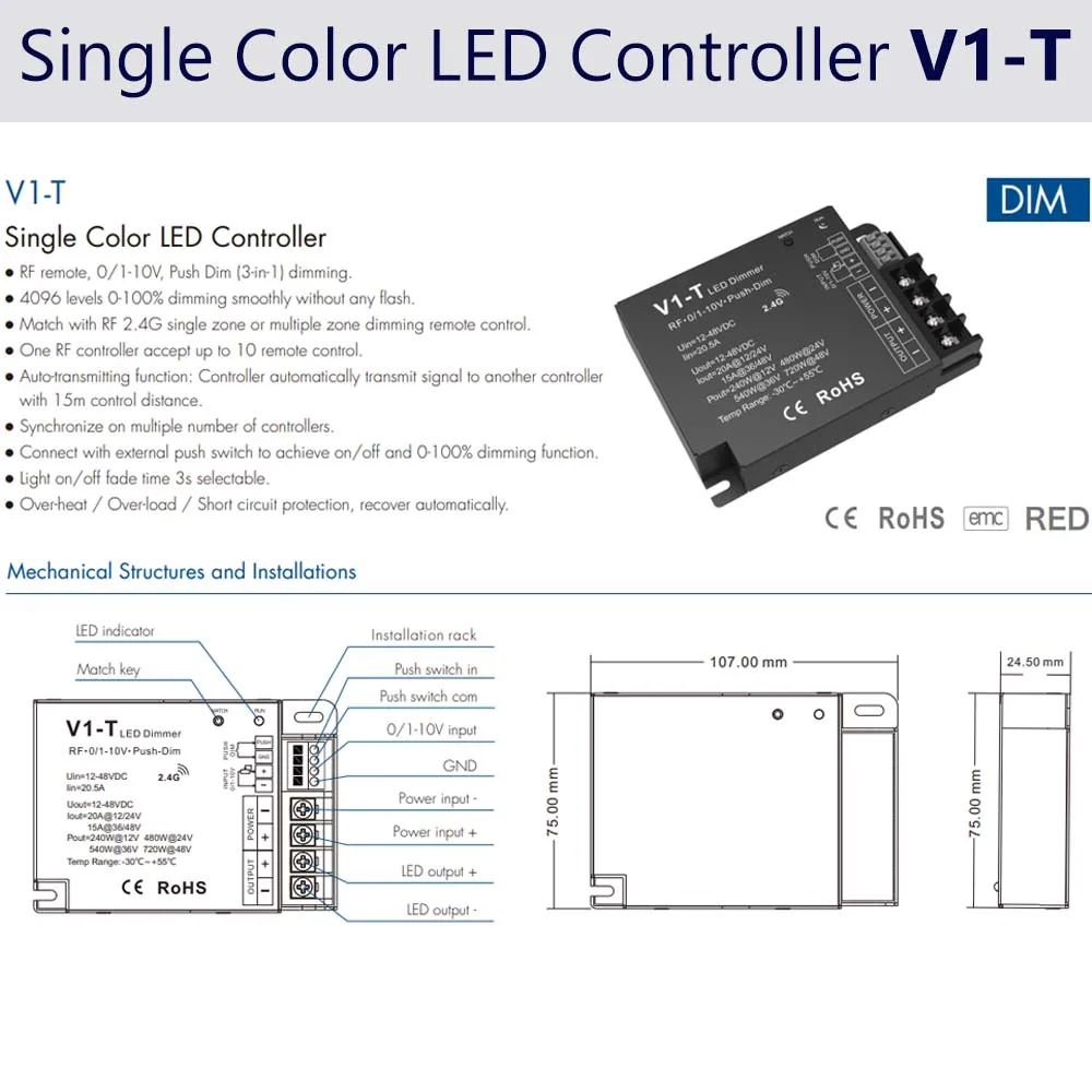 RF&0-10V&Push-Dim 3-in-1 Dimming Controller V1-T 12-48VDC 1CH 20A with RF Remote Control Wall Panel for Single Color Dimming