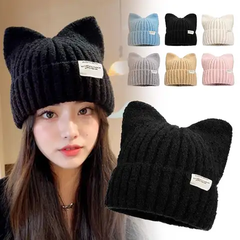 Gorro de orelha de gato chapéu de inverno quente boné de malha com à prova de vento engrossado doce versátil pulôver chapéus de malha para mulheres meninas