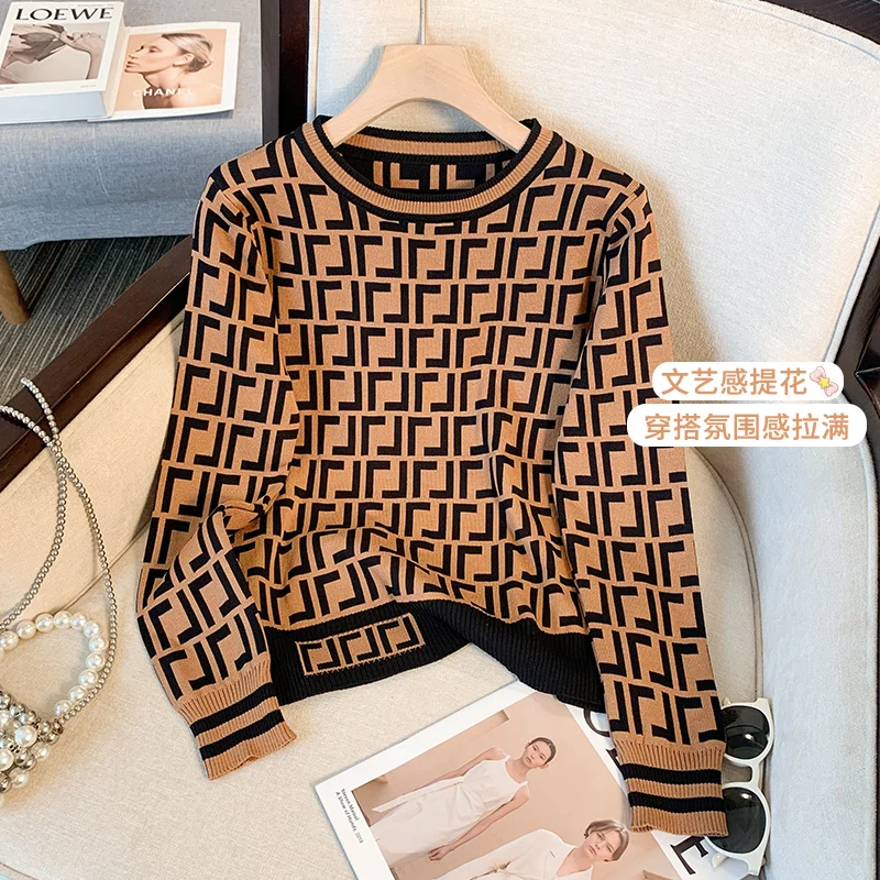 Fashion Women Vintage Plaid Jacquard Sweater Long Sleeve Jumpers Knitwear Autumn Winter Pullovers High Quality Knitted Sweaters