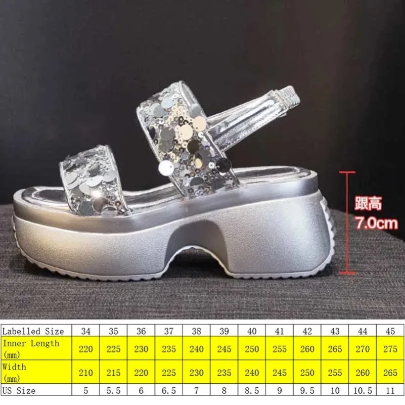 Krasovki 7cm Women Sandal Slippers Pumps Platform Wedge Shoes Microfiber Synthetic Leather Flats Summer Peep Toe Fashion Bling image 3