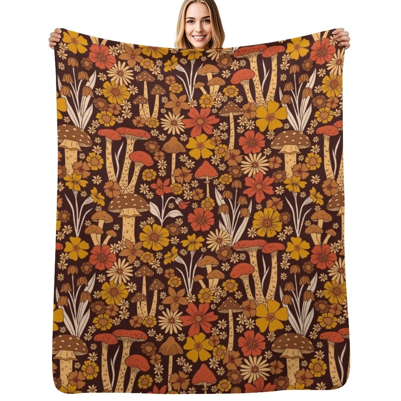 

Retro 1970s Brown & Orange Mushrooms & Flowers Throw Blanket Decoratives Travel Flannels Sofa Blanket