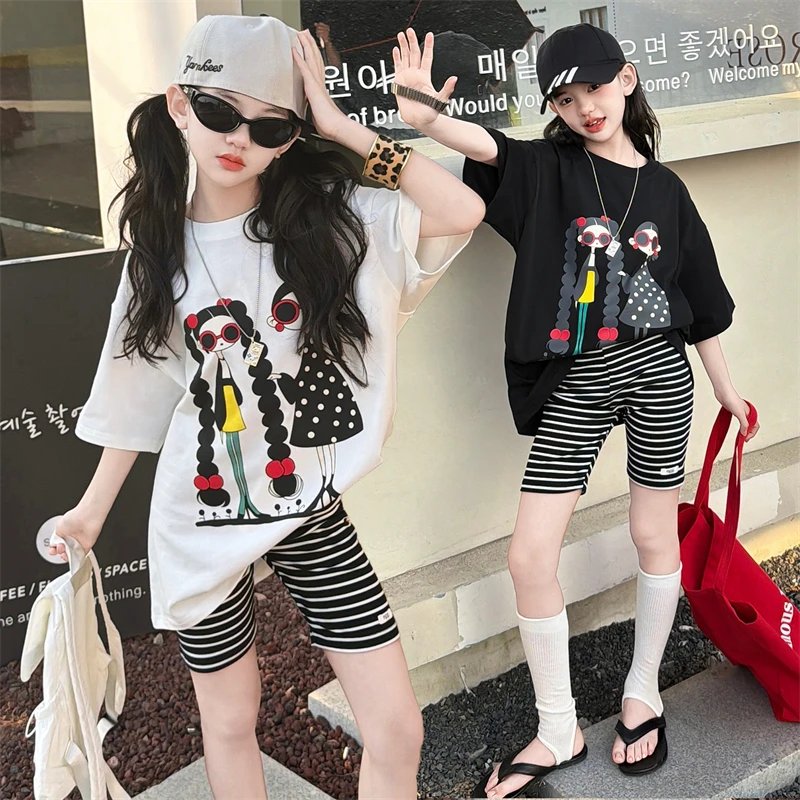 

Children Clothes Cool Girl Summer Cartoon Print Short Sleeve T Shirt and Striped Shorts 2026 Fashion Street Outfit