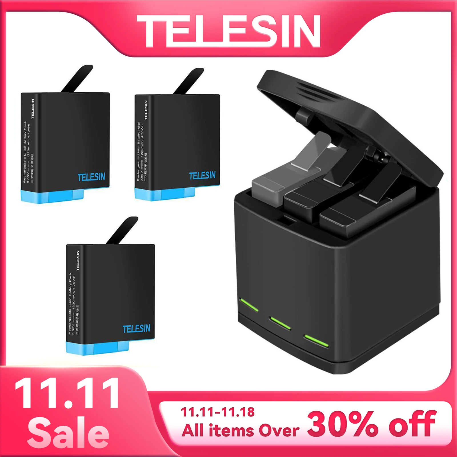 TELESIN 1220mAh 3Pack Battery 3 Slots LED Light Battery Charger Storage Box Type C Cable for GoPro Hero 5 6 7 8 Black Camera