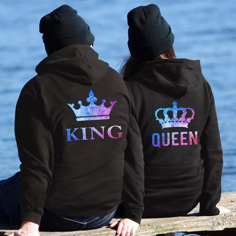 New Fashion Men Women Couple Hoodies King And Queen Long Sleeve Pullover Tops Sweatshirts Valentine Day Gifts For Lovers