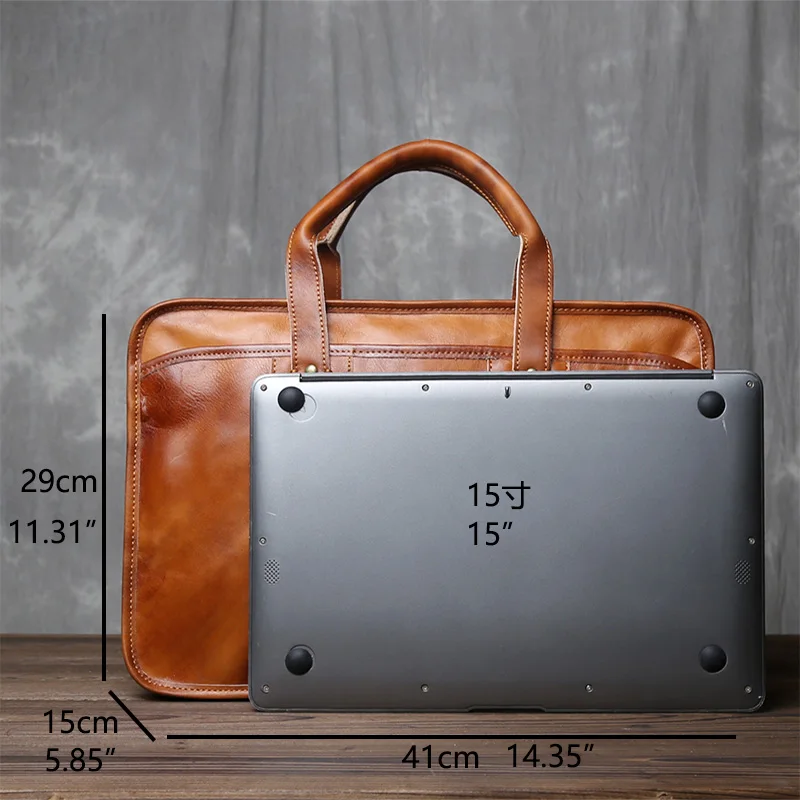 Retro Vegetable Tanned Top Layer Cowhide Briefcase For Men\'s Leather Simple Double Layer Large Capacity Color Wiping Handbag