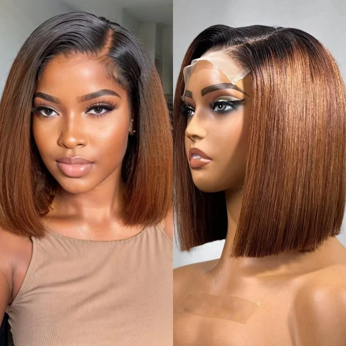 

Короткий парик-боб омбре шоколадно-коричневого цвета, синтетический, без клея, прямой, с кружевной передней частью 13x4, с детским волосом, для начинающих.