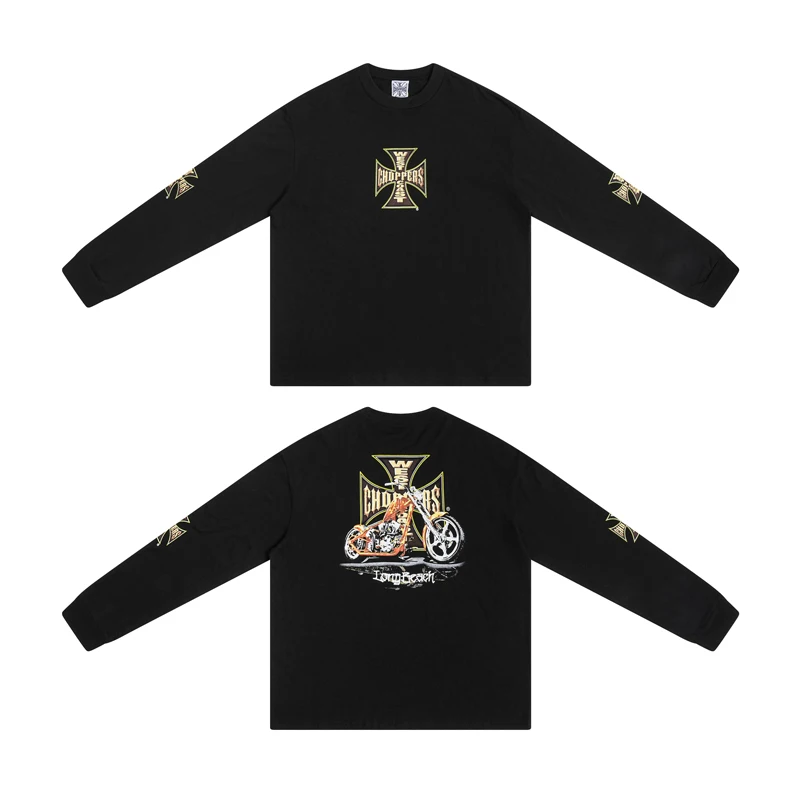 American Style New Retro Motorcycle Pattern Quality Comfortable Long Sleeve Men Women Casual Round Neck West Coast T-shirt Tops