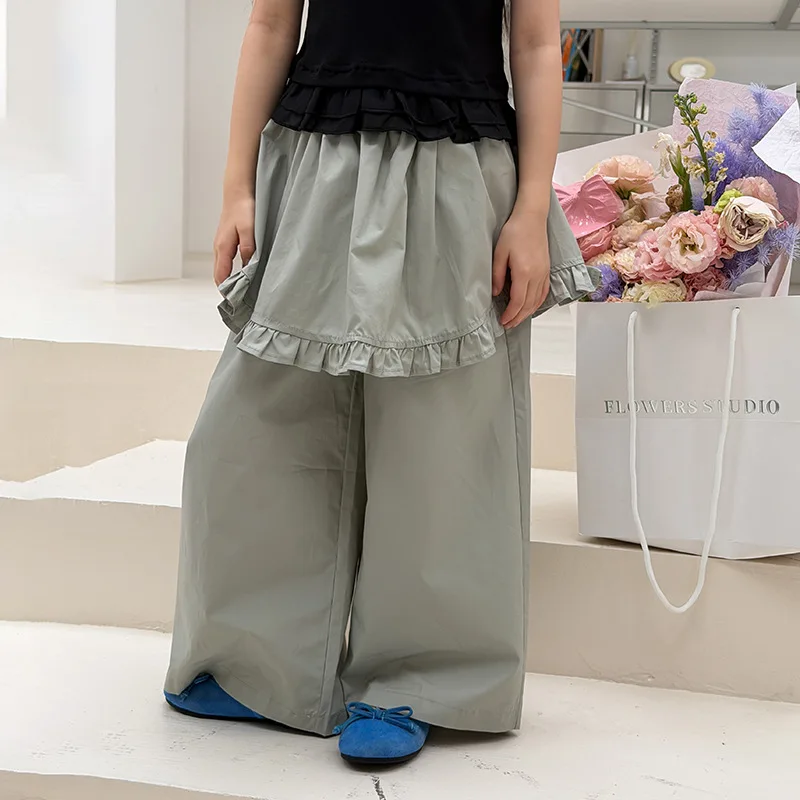 Girls Korean Sweet Style Long Pants with Ruffled Hem and Detailed False Two-Piece Design Casual Pants