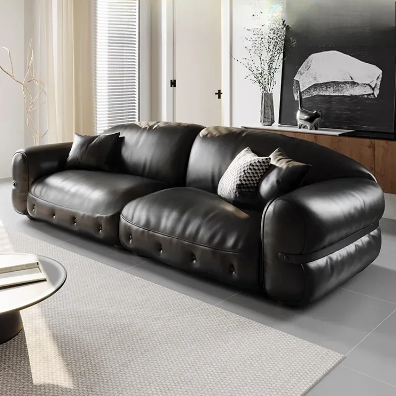 

Leather sofa living room small apartment Italian minimalist black three-person straight sofa