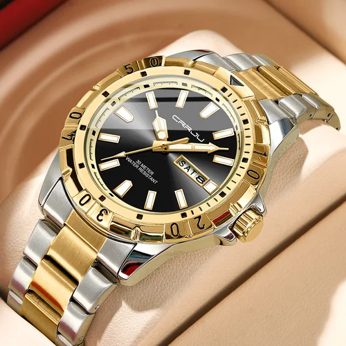 Imagen 2 del producto Reloj CRRJU para hombre, vestido de negocios, analógico, de cuarzo, de acero inoxidable, resistente al agua, luminoso, fecha, dos tonos, reloj de pulsera informal de lujo