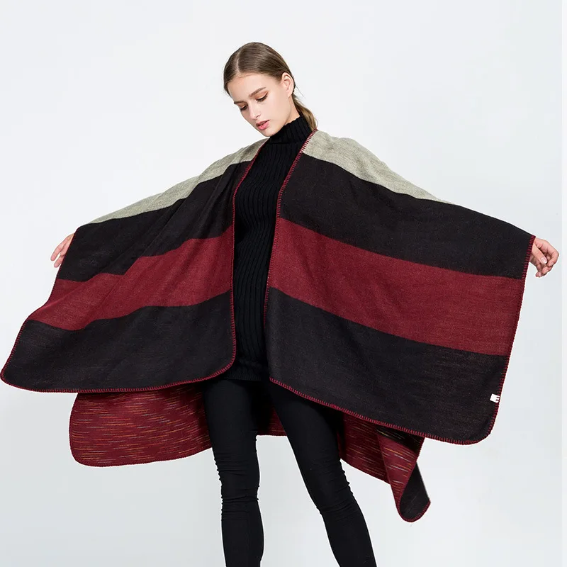 Vintage Occident Style Stripes Contrast Colors Cape Long Loose Poncho Women Autumn Winter Leisure Travel Outerwear Split Shawl