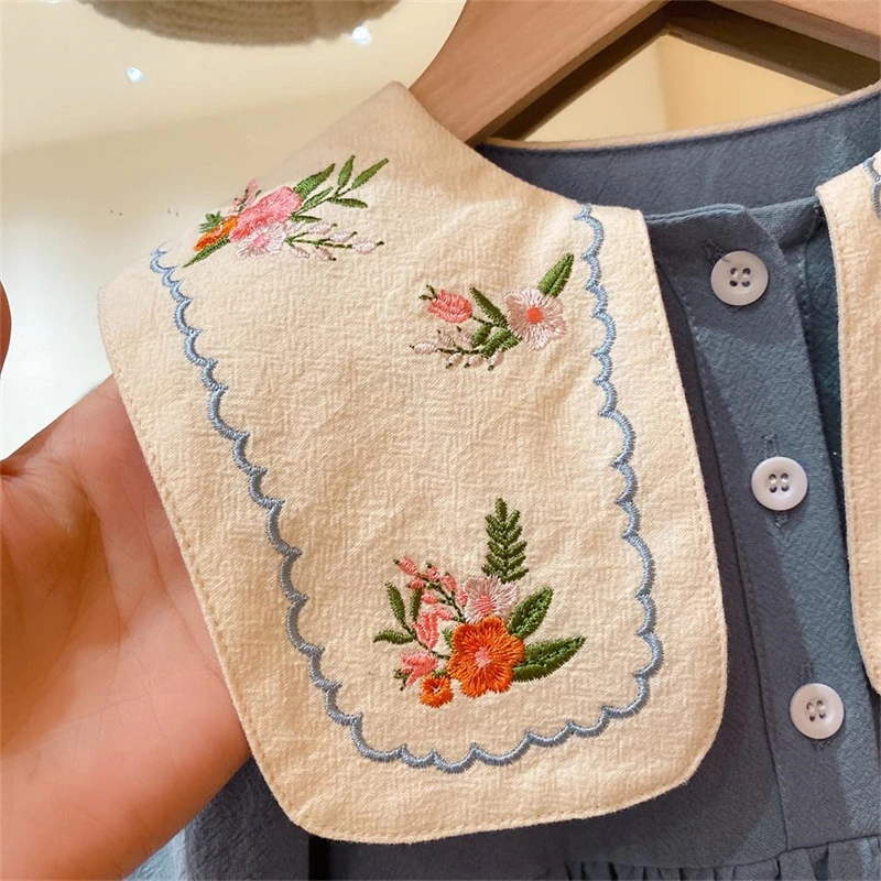 2023 New Spring Autumn Long Sleeve Lapel Casual Dress Embroidered Kid Clothes Girl Korean Style Children