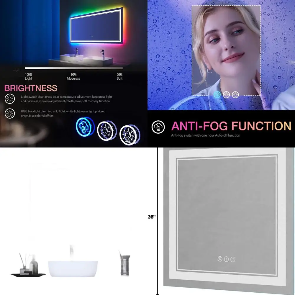 

Настенное зеркало для ванной комнаты с 36 светодиодной подсветкой, передней подсветкой и RGB-подсветкой, закаленное стекло, регулировка яркости, противотуманное, квадратное D