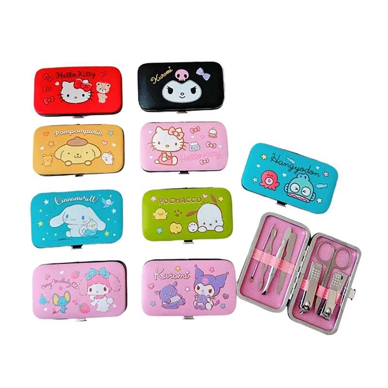 7Pcs/box Kawaii Sanrio Hello Kitty Nail Clipper Set Ear Pick Tweezers W/ Melody Kuromi Cinnamoroll Packing Box Manicure Set